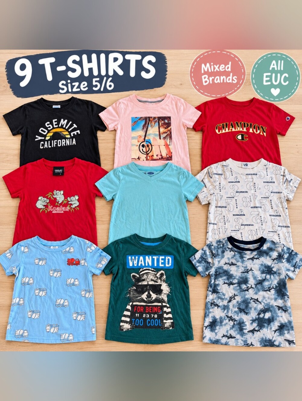 Kids T-Shirt Bundle - 9 Pack Size 5/6 - Multi Color